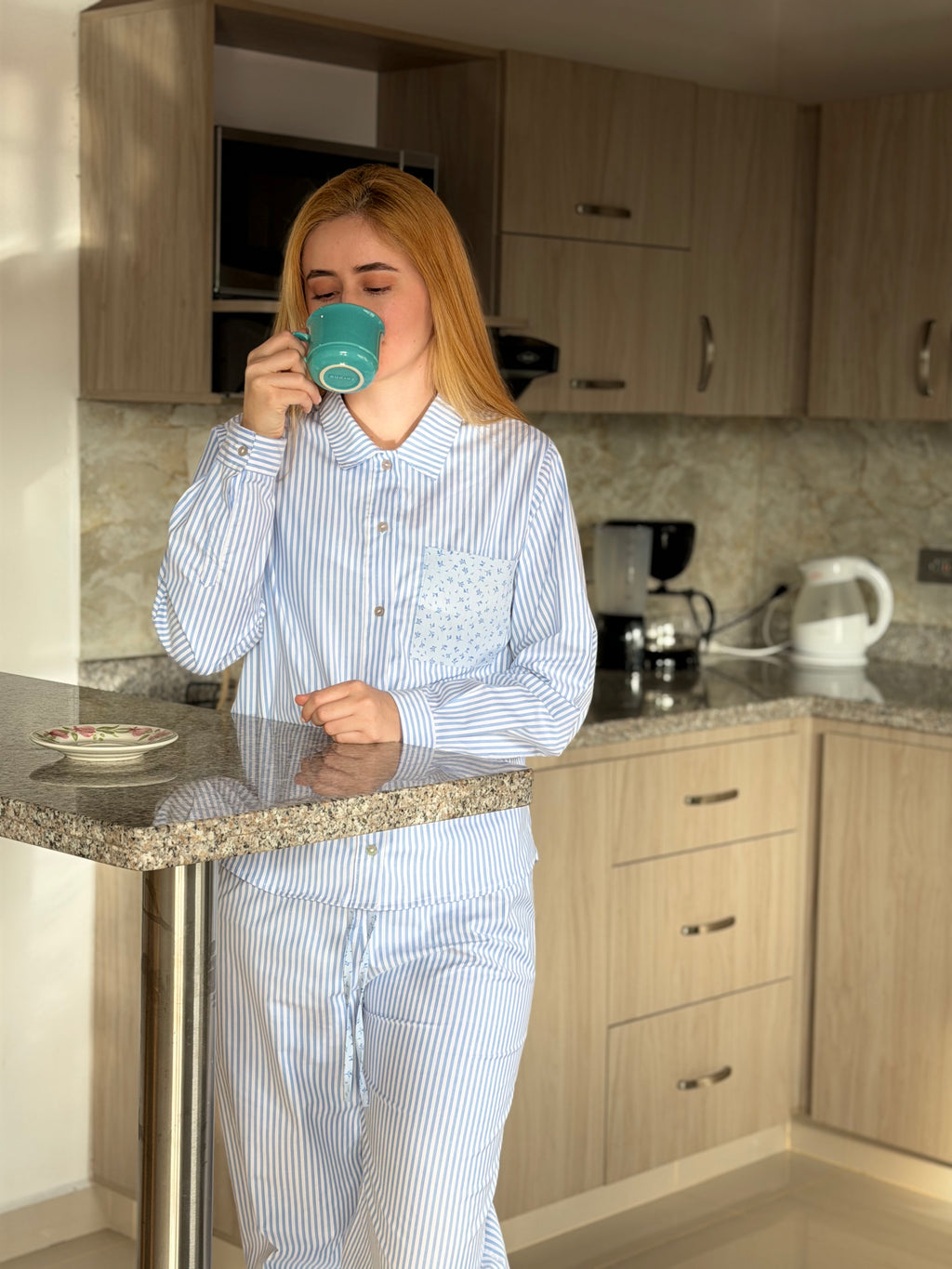 Pijama Set Pantalón Azul claro Rayas