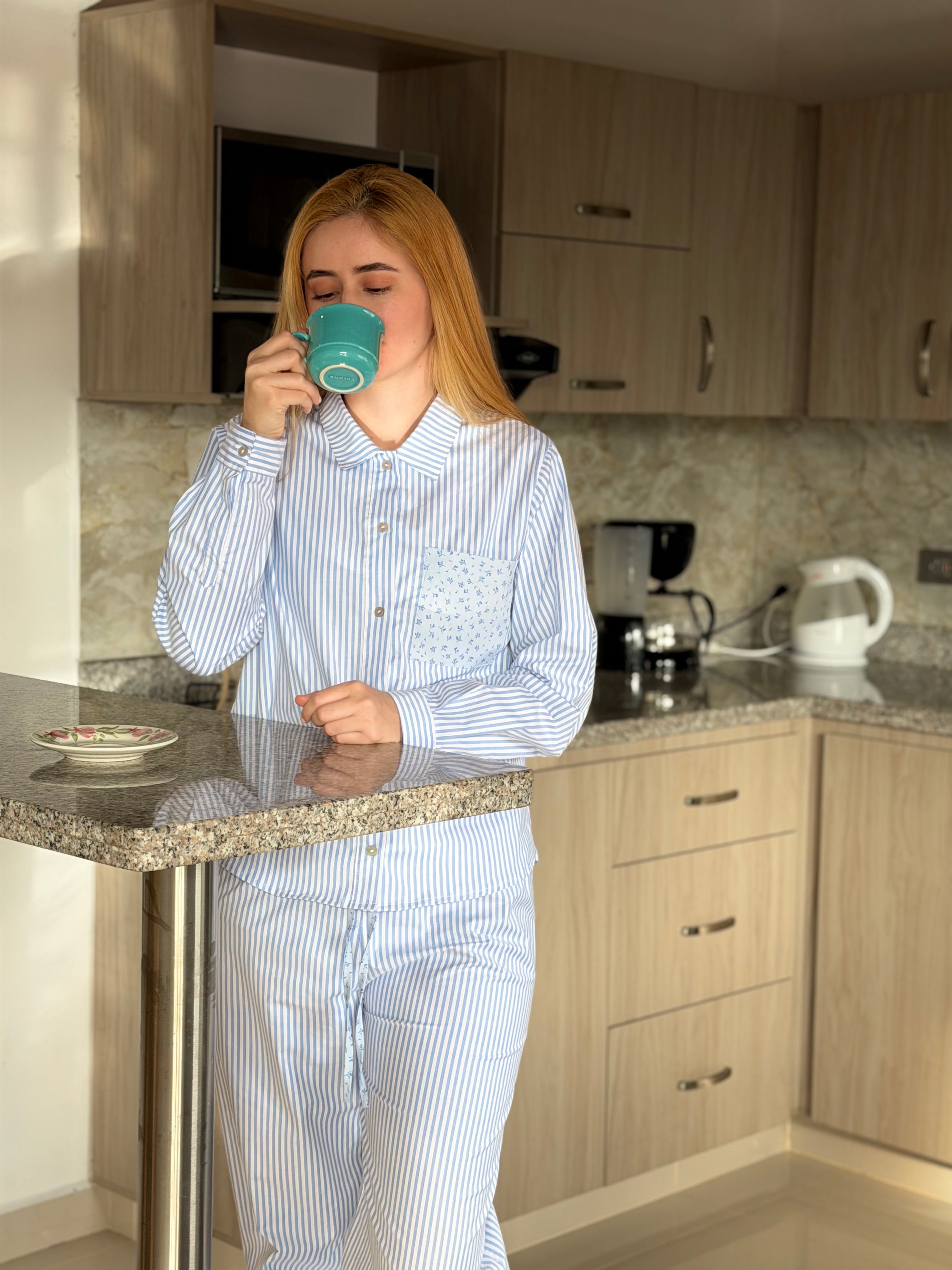 Pijama Set Pantalón Azul claro Rayas