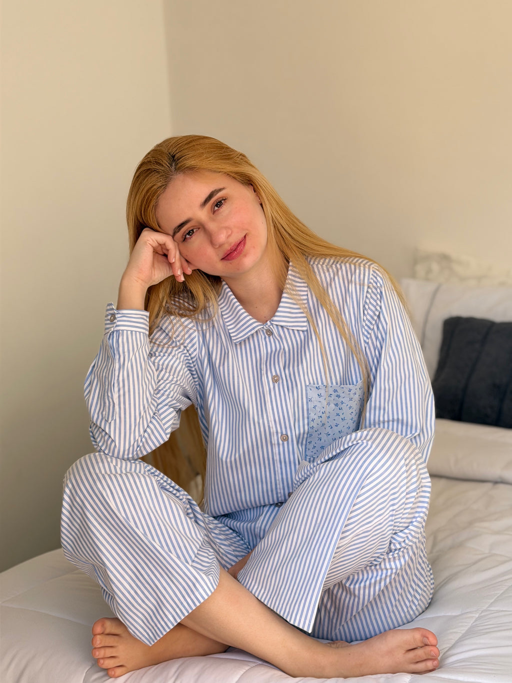 Pijama Set Pantalón Azul claro Rayas