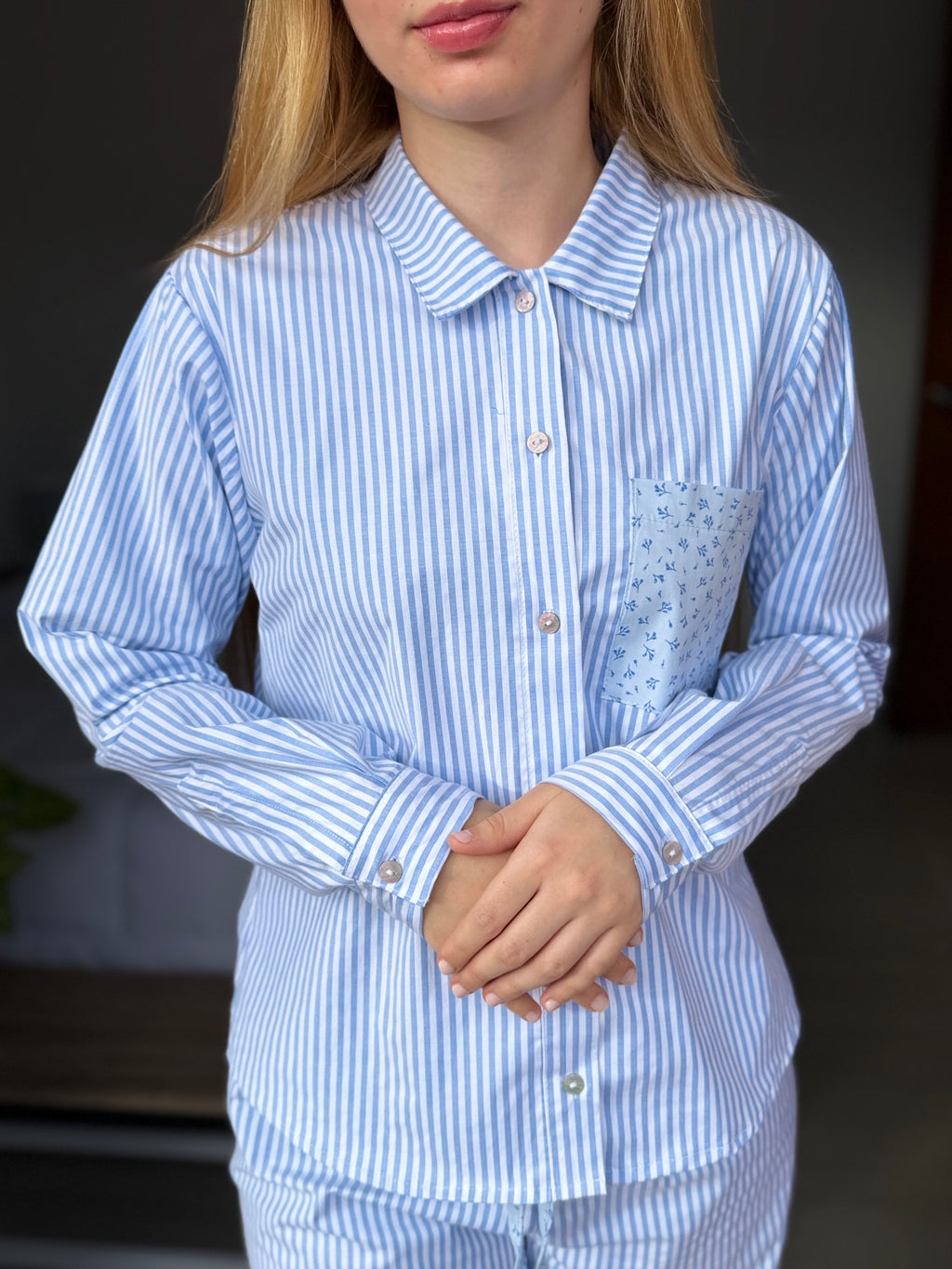 Pijama Set Pantalón Azul claro Rayas