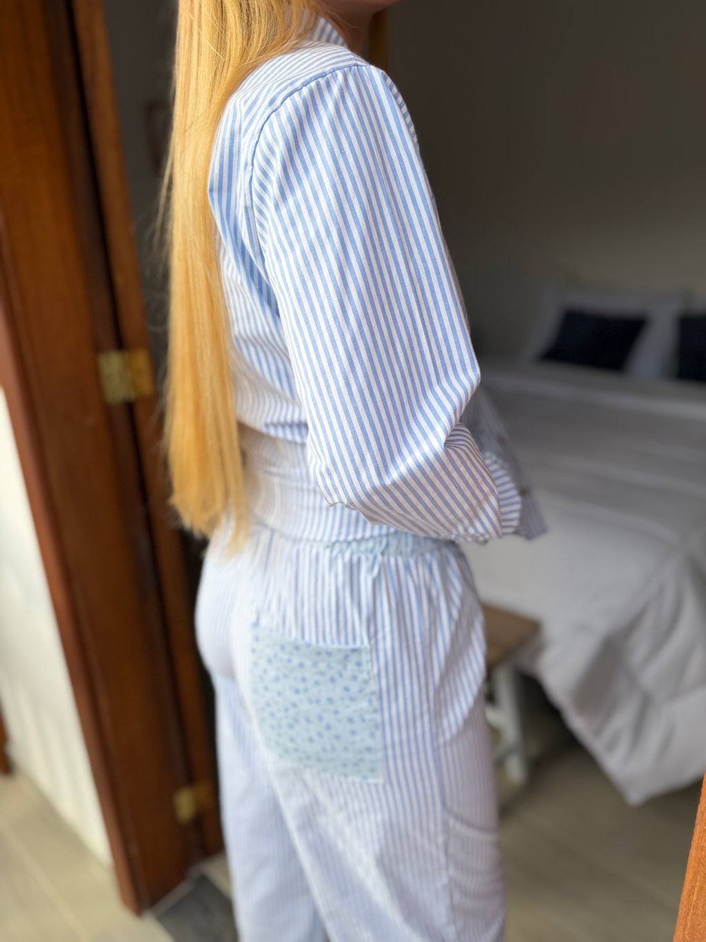 Pijama Set Pantalón Azul claro Rayas