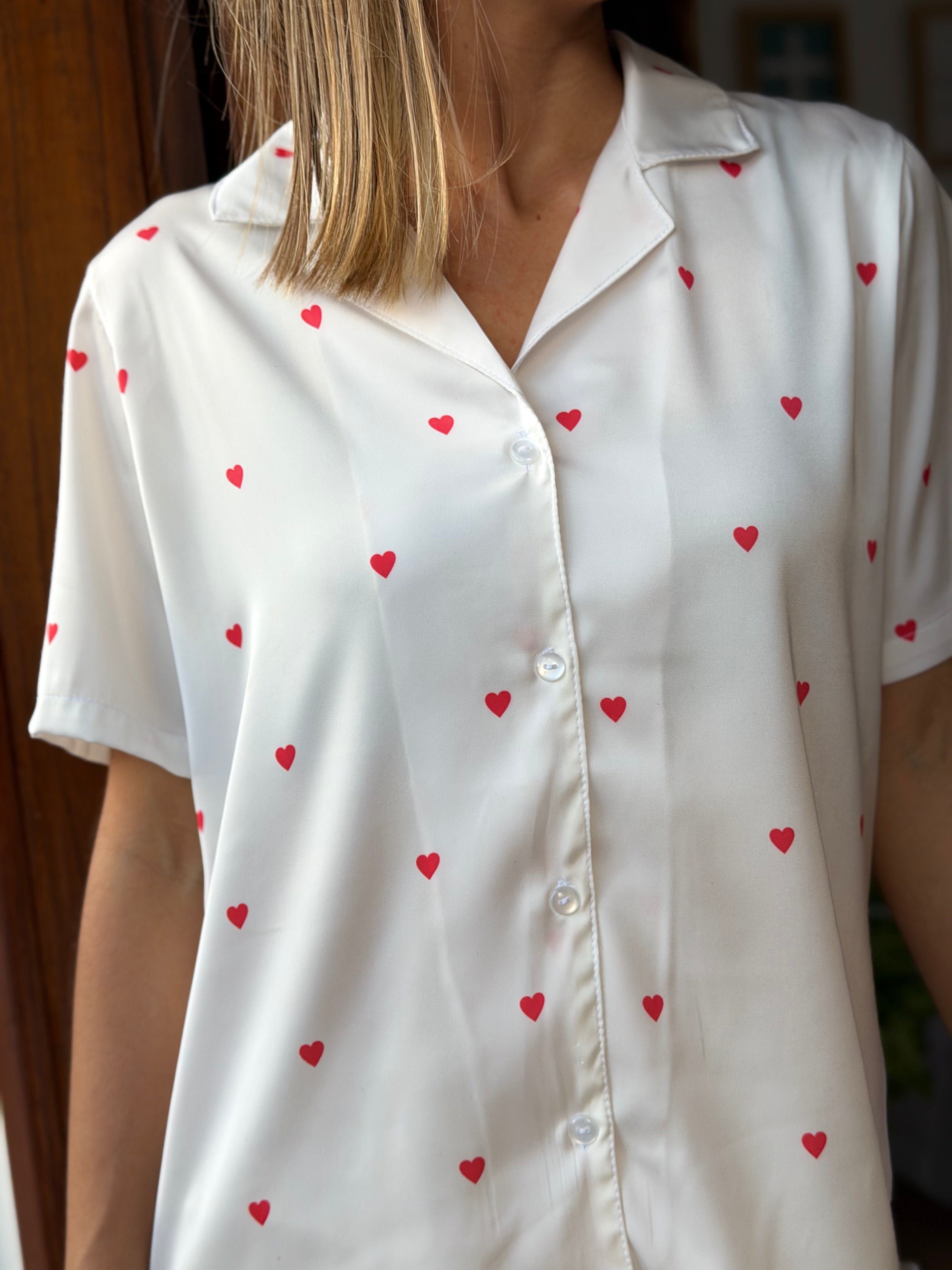 Conjunto Short Seda Italiana Blanco Corazones