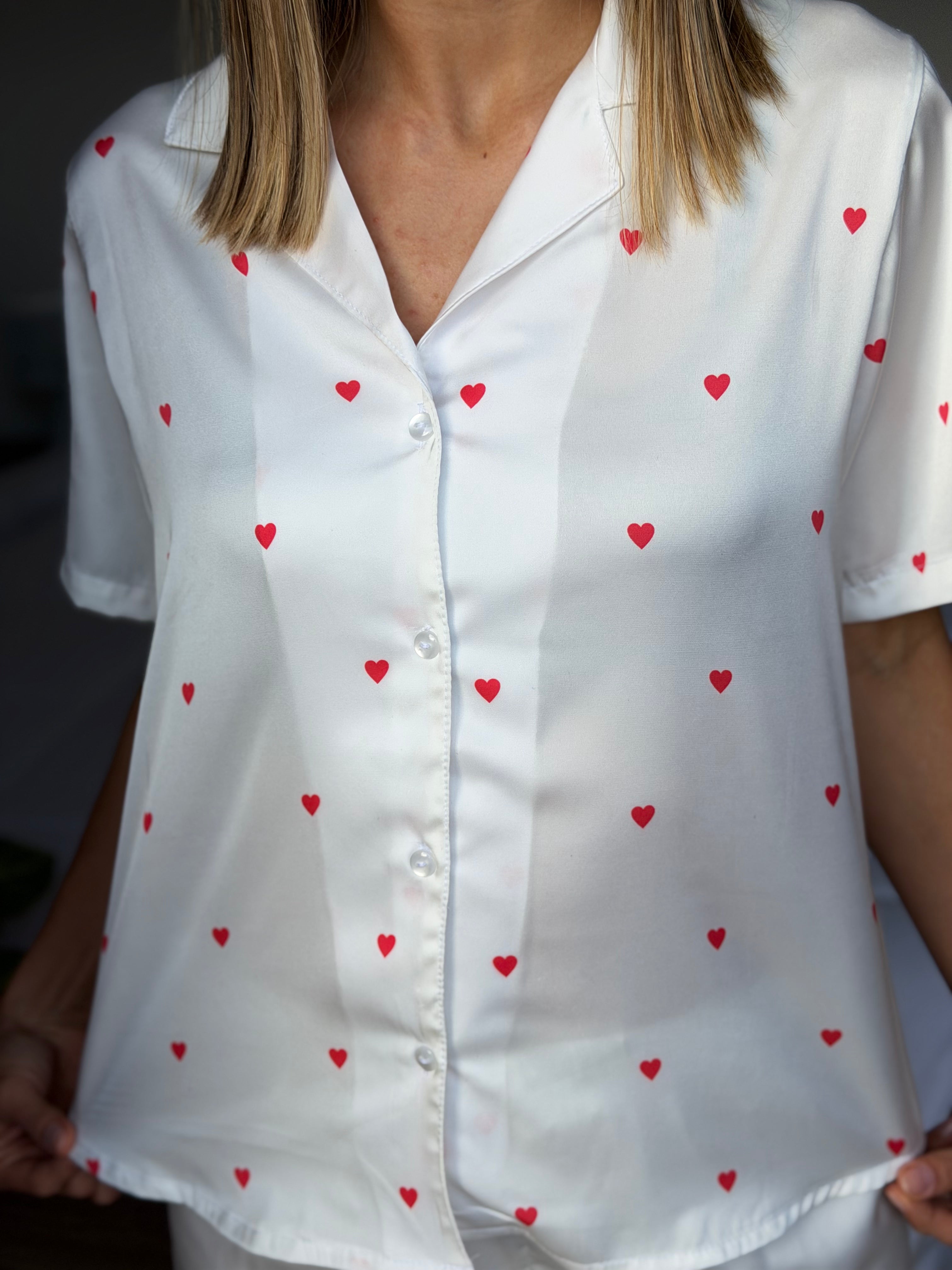 Conjunto Short Seda Italiana Blanco Corazones